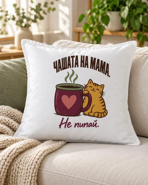 Бяла възглавница с голяма чаша, котка, сърце и надпис Чашата на мама – на дивана