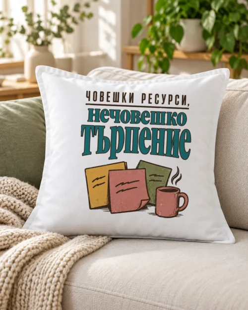 Бяла възглавница с лепящи бележки, чаша кафе и надпис за човешки ресурси – на дивана
