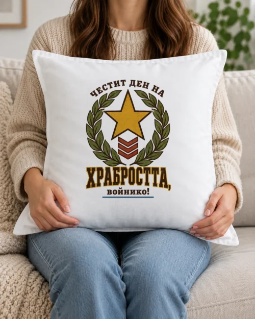 Бяла възглавница със златна звезда, нашивки, лавров венец и поздрав за Деня на храбростта Бяла възглавница със златна звезда, нашивки, лавров венец и поздрав за Деня на храбростта