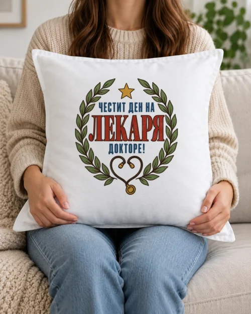 Бяла възглавница с лавров венец, звезда, стетоскоп сърце и поздрав за лекаря Бяла възглавница с лавров венец, звезда, стетоскоп сърце и поздрав за лекаря