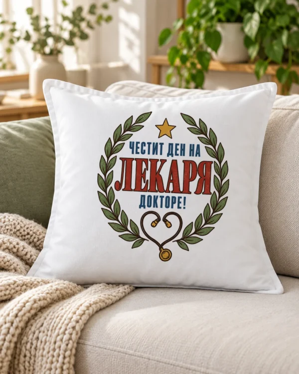Бяла възглавница с лавров венец, звезда, стетоскоп сърце и поздрав за лекаря – на дивана