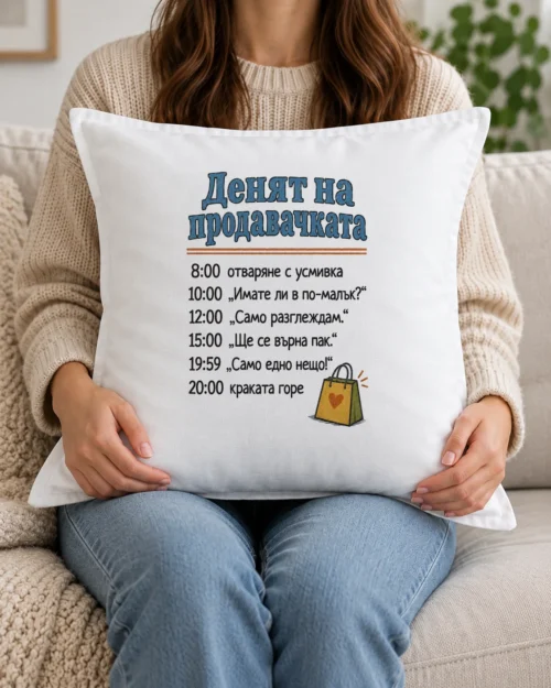 Бяла възглавница с деня на продавачката и пазарска торбичка