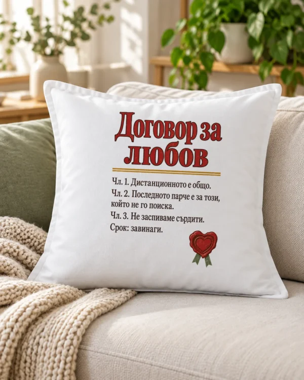 Бяла възглавница с договор за любов и восъчен печат сърце – на дивана Бяла възглавница с договор за любов и восъчен печат сърце – на дивана