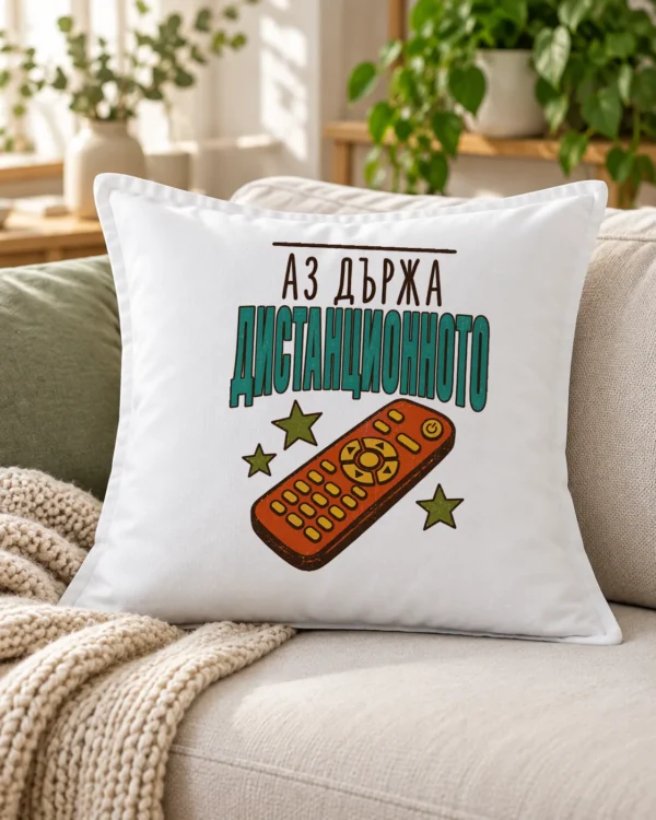 Бяла възглавница с шеговит надпис Аз държа дистанционното – на дивана Бяла възглавница с шеговит надпис Аз държа дистанционното – на дивана