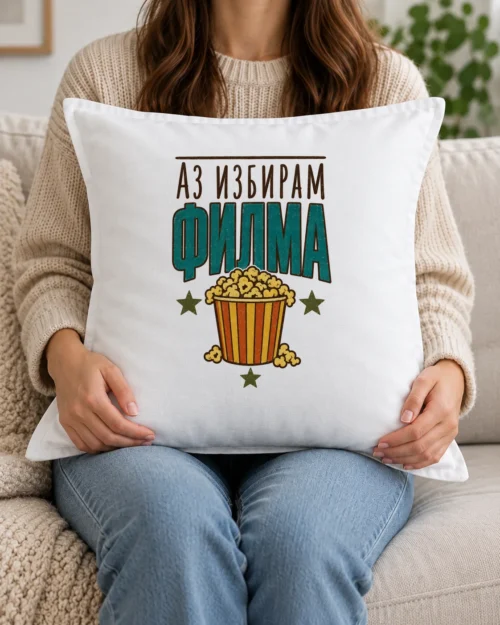 Бяла възглавница с кофа пуканки, звезди и надпис Аз избирам филма