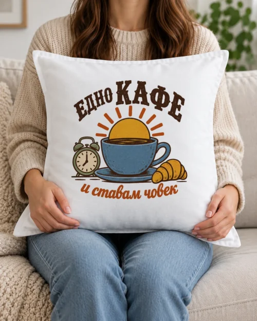 Бяла възглавница с чаша кафе, изгряващо слънце, будилник и кроасан Бяла възглавница с чаша кафе, изгряващо слънце, будилник и кроасан