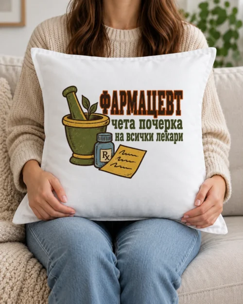 Бяла възглавница с хаван, шишенце с лекарство, рецепта и надпис за фармацевт Бяла възглавница с хаван, шишенце с лекарство, рецепта и надпис за фармацевт