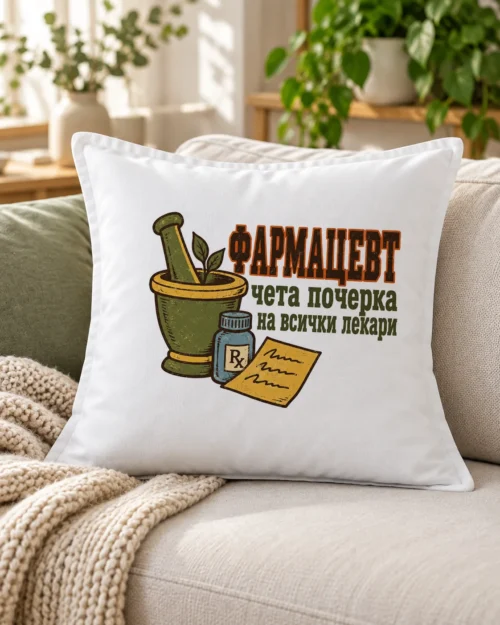 Бяла възглавница с хаван, шишенце с лекарство, рецепта и надпис за фармацевт – на дивана