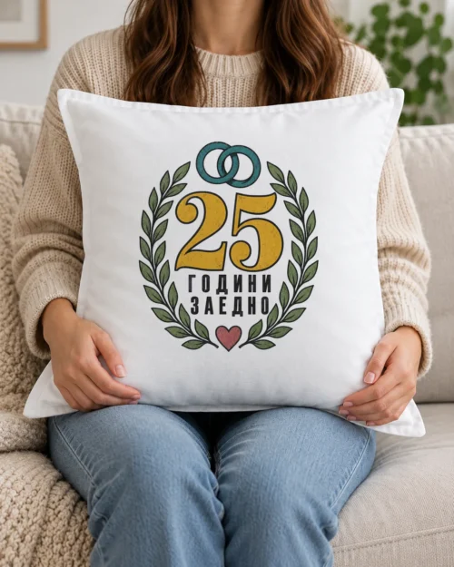 Бяла възглавница с две брачни халки, лавров венец, сърце и 25 години заедно Бяла възглавница с две брачни халки, лавров венец, сърце и 25 години заедно
