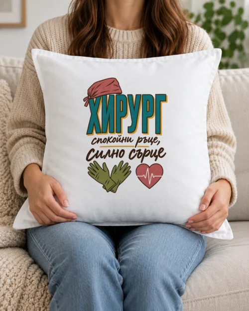 Бяла възглавница с хирургична шапка, ръкавици, сърце с пулс и надпис за хирург Бяла възглавница с хирургична шапка, ръкавици, сърце с пулс и надпис за хирург