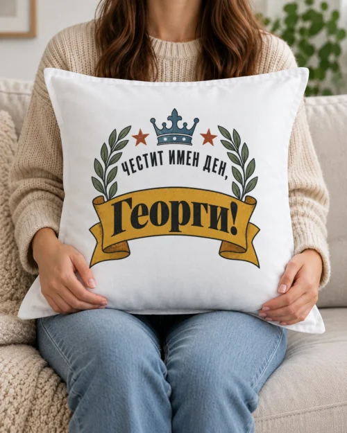 Бяла възглавница с корона, лаврови клонки, звезди и поздрав за имен ден Бяла възглавница с корона, лаврови клонки, звезди и поздрав за имен ден