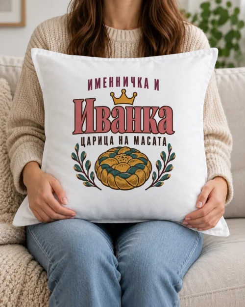 Бяла възглавница с надпис за Ивановден, именничка и царица на масата Бяла възглавница с надпис за Ивановден, именничка и царица на масата
