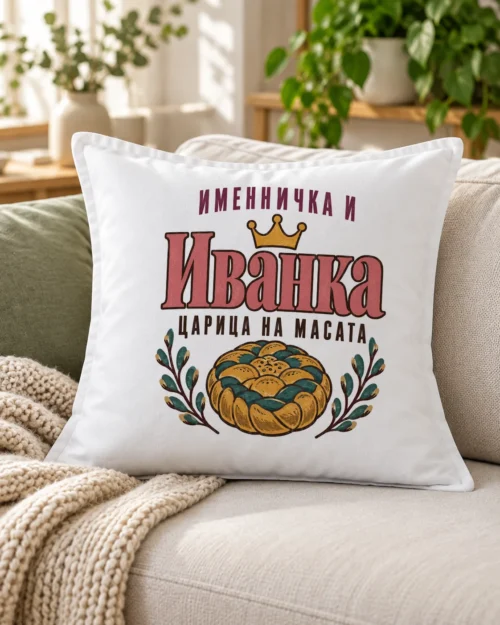 Бяла възглавница с надпис за Ивановден, именничка и царица на масата – на дивана