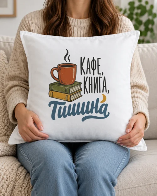 Бяла възглавница с чаша кафе върху две книги, луна и надпис кафе, книга, тишина Бяла възглавница с чаша кафе върху две книги, луна и надпис кафе, книга, тишина