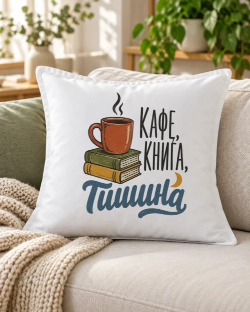 Бяла възглавница с чаша кафе върху две книги, луна и надпис кафе, книга, тишина – на дивана