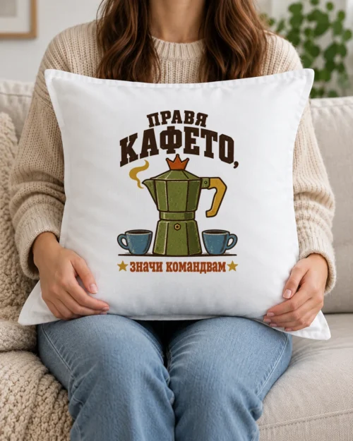 Бяла възглавница с кафеник с пара и надпис правя кафето, значи командвам