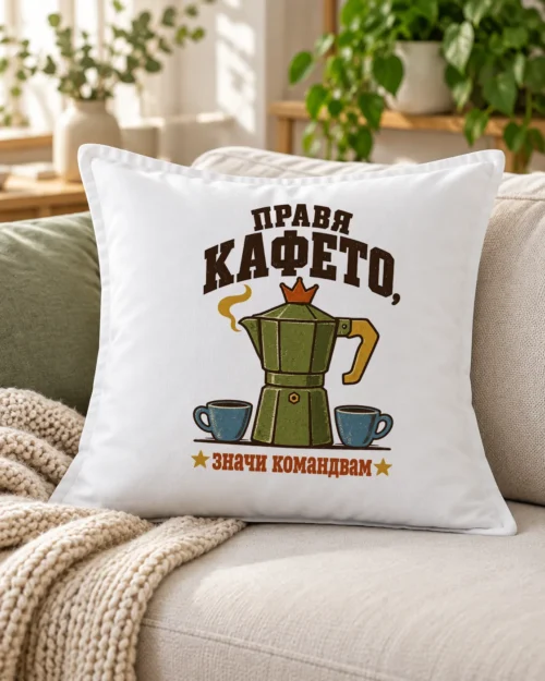 Бяла възглавница с кафеник с пара и надпис правя кафето, значи командвам – на дивана