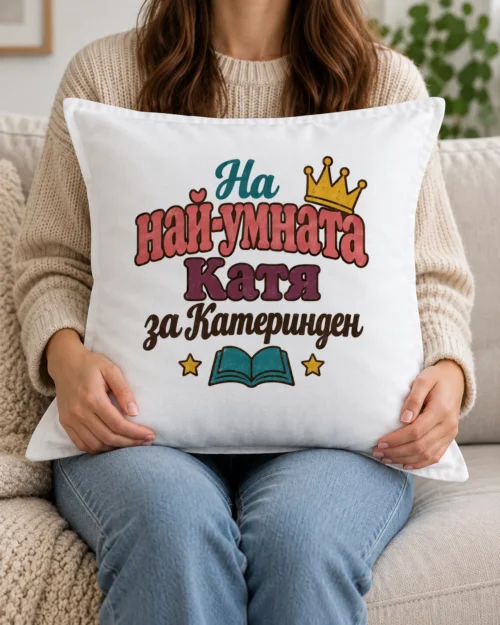 Бяла възглавница с корона и надпис за най-умната именничка на Катеринден Бяла възглавница с корона и надпис за най-умната именничка на Катеринден