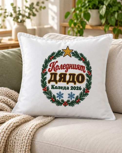 Бяла възглавница с венец от елха, звезда, снежинки и надпис Коледният дядо – на дивана