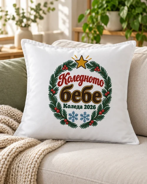 Бяла възглавница с бебешко боди в елхов венец и надпис коледното бебе – на дивана