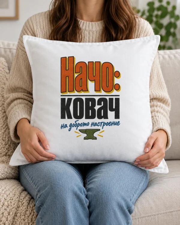 Възглавница за имен ден с име: ковач на доброто настроение
