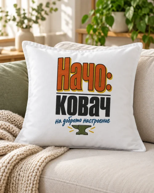 Бяла възглавница с типографски надпис ковач на доброто настроение с име – на дивана