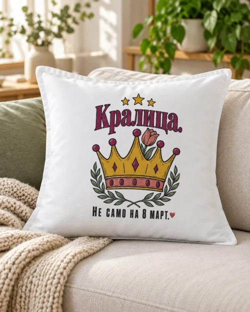 Бяла възглавница със златиста корона, лале, лаврови клонки и надпис Кралица – на дивана