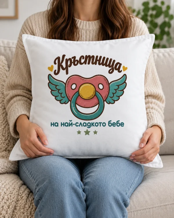 Бяла възглавница с нежен надпис кръстница на най-сладкото бебе Бяла възглавница с нежен надпис кръстница на най-сладкото бебе