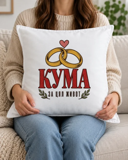 Бяла възглавница със златни венчални халки, сърце и надпис кума за цял живот Бяла възглавница със златни венчални халки, сърце и надпис кума за цял живот