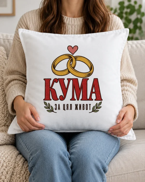 Бяла възглавница със златни венчални халки, сърце и надпис кума за цял живот Бяла възглавница със златни венчални халки, сърце и надпис кума за цял живот