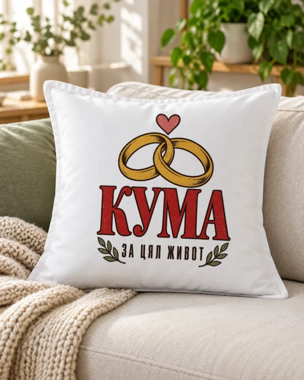 Бяла възглавница със златни венчални халки, сърце и надпис кума за цял живот – на дивана Бяла възглавница със златни венчални халки, сърце и надпис кума за цял живот – на дивана