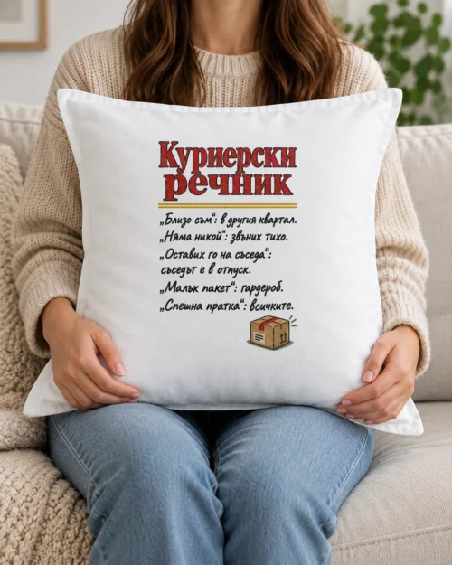 Бяла възглавница с куриерски речник и картонен колет Бяла възглавница с куриерски речник и картонен колет