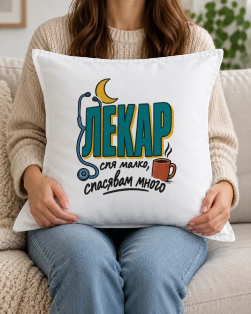 Бяла възглавница със стетоскоп, луна, чаша кафе и надпис за лекар