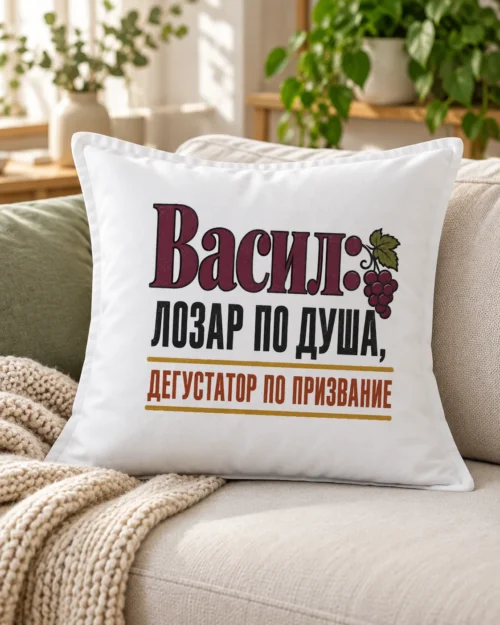 Бяла възглавница с надпис лозар по душа, дегустатор по призвание с име – на дивана