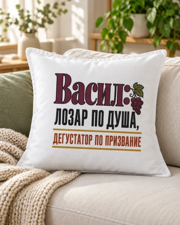 Бяла възглавница с надпис лозар по душа, дегустатор по призвание с име – на дивана