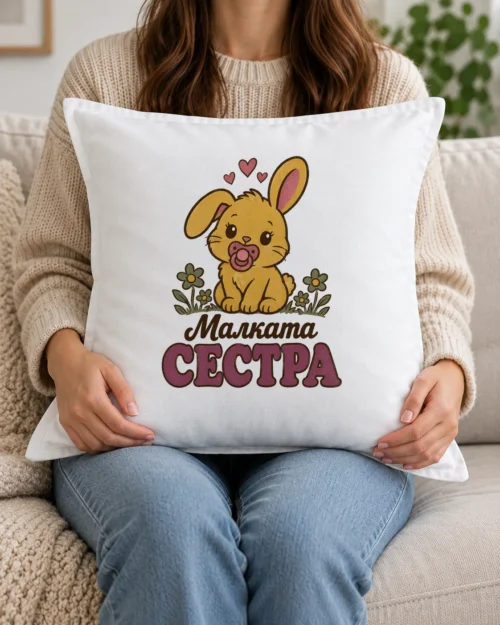 Бяла възглавница с жълто зайче с биберон, сърца, цветя и надпис Малката сестра Бяла възглавница с жълто зайче с биберон, сърца, цветя и надпис Малката сестра
