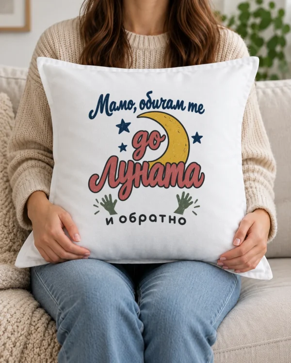 Бяла възглавница с надпис Мамо, обичам те до луната и обратно
