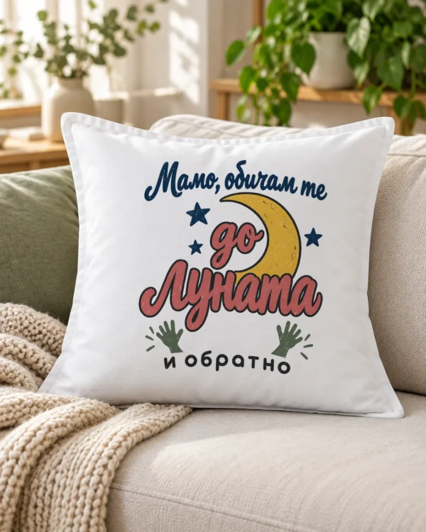 Бяла възглавница с надпис Мамо, обичам те до луната и обратно – на дивана