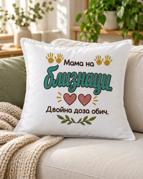 Бяла възглавница с две сърца, детски ръчички, клонка и надпис Мама на близнаци – на дивана