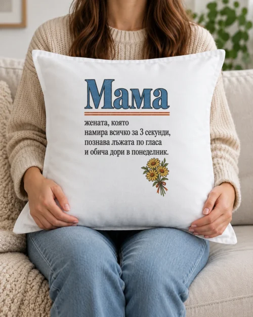 Бяла възглавница с речникова статия за мама и букет маргаритки