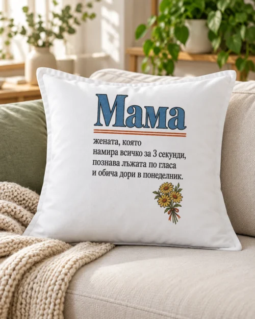Бяла възглавница с речникова статия за мама и букет маргаритки – на дивана