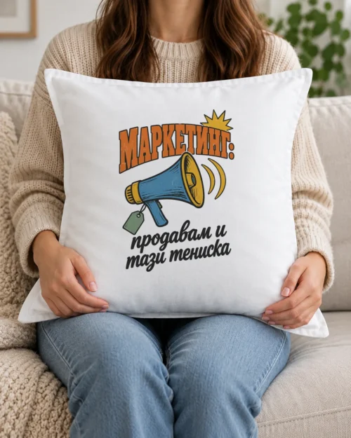 Бяла възглавница с мегафон, етикет за цена, звуков взрив и надпис Маркетинг Бяла възглавница с мегафон, етикет за цена, звуков взрив и надпис Маркетинг