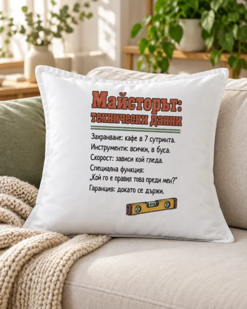 Бяла възглавница с технически данни на майстора и нивелир – на дивана