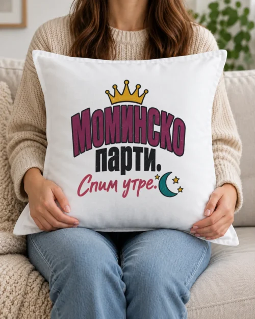 Бяла възглавница с корона, полумесец, звезди и надпис Моминско парти. Спим утре Бяла възглавница с корона, полумесец, звезди и надпис Моминско парти. Спим утре