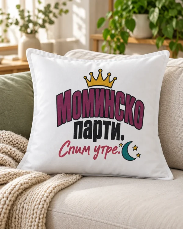 Бяла възглавница с корона, полумесец, звезди и надпис Моминско парти. Спим утре – на дивана