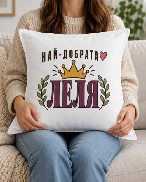 Бяла възглавница с корона, сърце, лаврови клонки и надпис най-добрата леля Бяла възглавница с корона, сърце, лаврови клонки и надпис най-добрата леля
