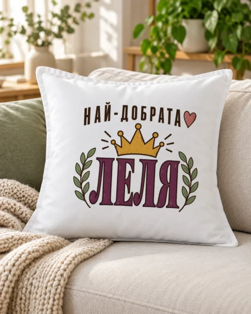 Бяла възглавница с корона, сърце, лаврови клонки и надпис най-добрата леля – на дивана
