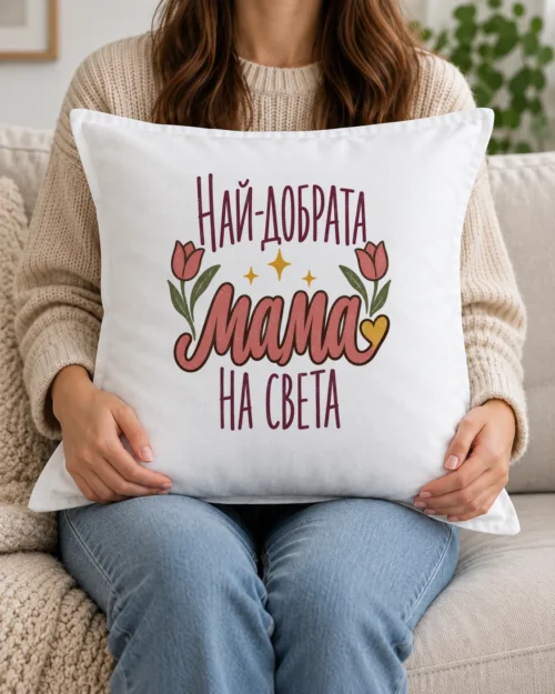 Бяла възглавница със сърце, лалета, искрици и надпис Най-добрата мама Бяла възглавница със сърце, лалета, искрици и надпис Най-добрата мама