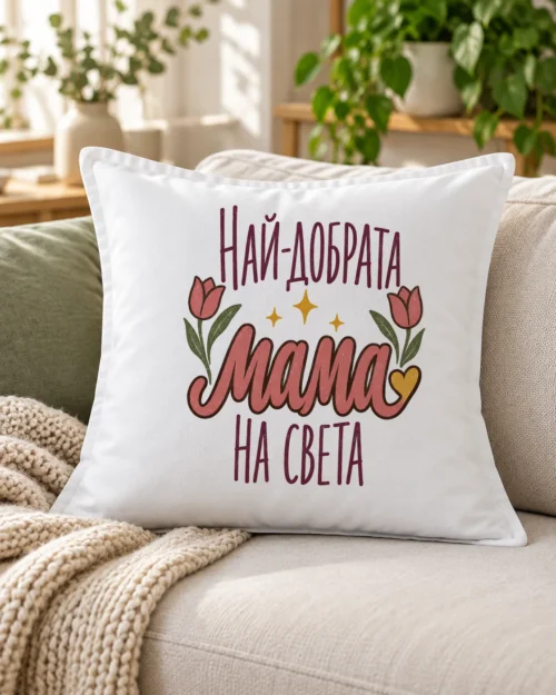 Бяла възглавница със сърце, лалета, искрици и надпис Най-добрата мама – на дивана