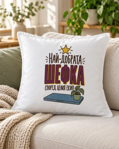 Бяла възглавница с надпис за най-добрата шефка, звезда, лаптоп и растение – на дивана